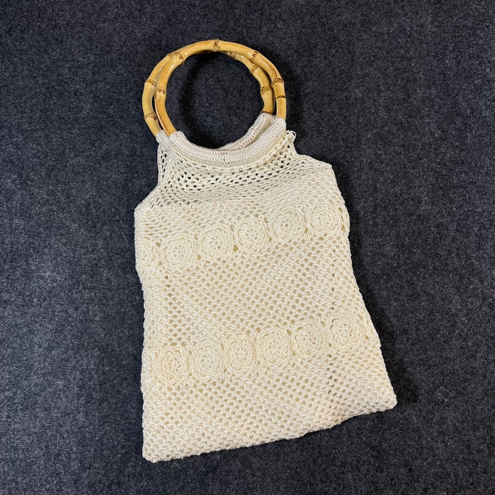 Vintage Crochet Bamboo Handle Handbag Cream Floral Knit Boho Summer Bag